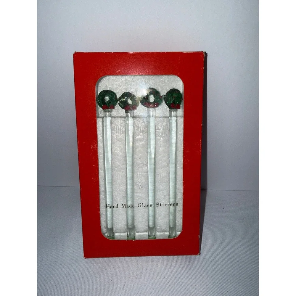 Drulane Designs Towle Christmas Wreath Glass Stirrers Set of 4 Swizzle Sticks